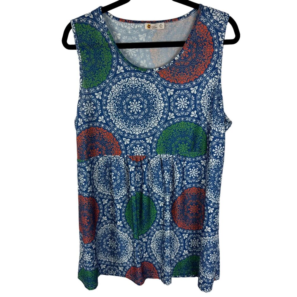 Sunflower by Firmiana Tunic Tank Top Blouse Size 2X Blue Red Green Print